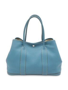 Hermes Garden Party PM Tote Shoulder Bag Negonda Leather Blue Jean Light Silver